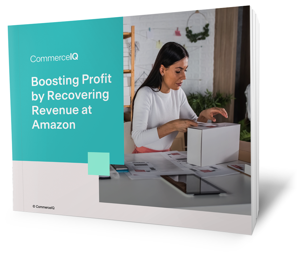 ecommerce ebook mockup of CommerceIQ's collateral called "Boosting Profit by Recovering Revenue at Amazon"